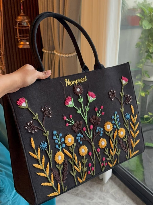 Premium Floral Embroidered Women's Tote Bag | Large Canvas Shoulder Handbag | Black