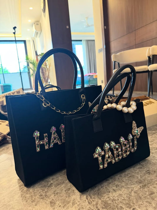 Luxury Pearl Letter Women's Tote Bag | Crystal Embellished Shoulder Handbag | Black